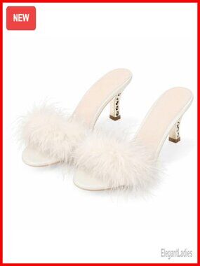 Feather Kitten Heel Slippers Open Toe Slip On Mule for Wedding Party
